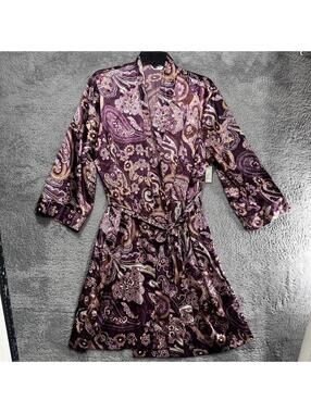 Adonna Robe Womens Large Purple Paisley Satin Kimono Short Wrap Belted L/G